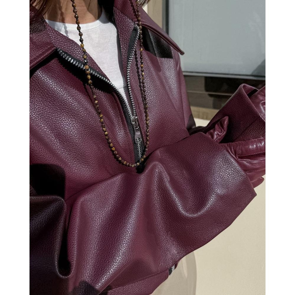 Wine Red Faux Leather Jakcet Fashion Outerwear Thicken Zipper Lapel Pu Coats Autumn Winter Streetwear Ladies Tops Women