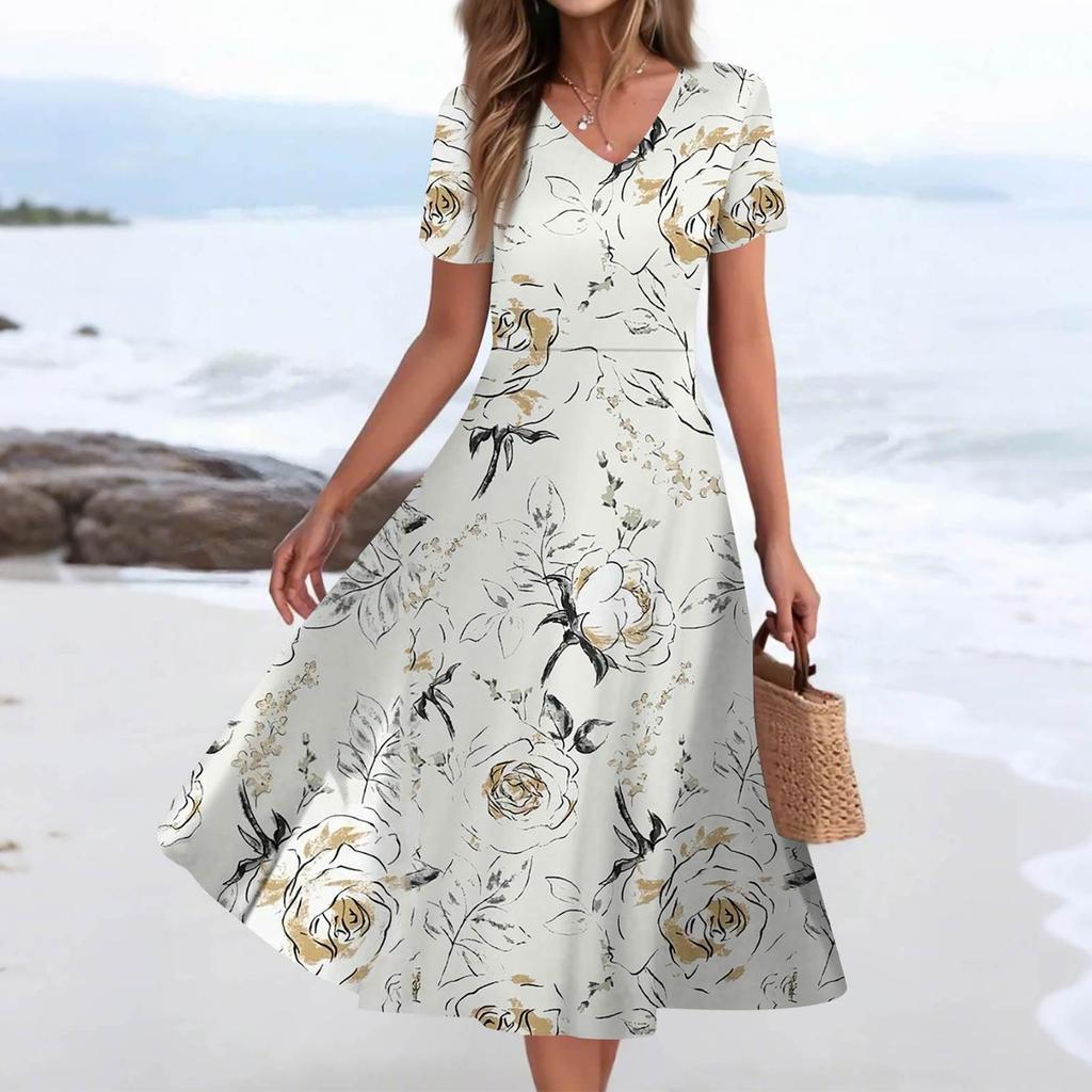 Women's Summer Casual Fashion Print Pocket Short Sleeve V-Neck Swing Dress
