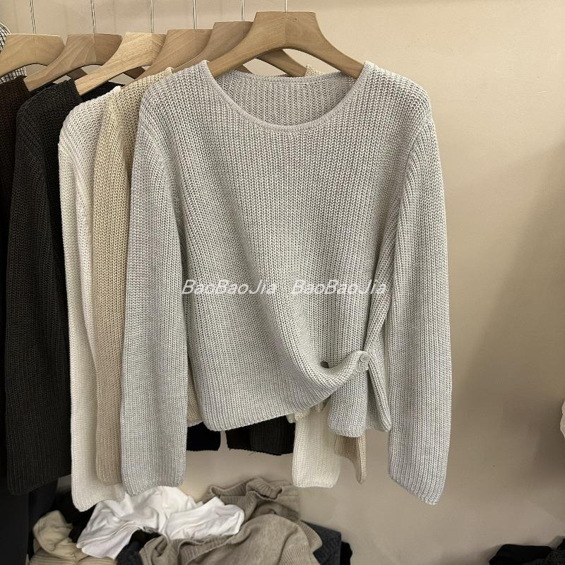 Crew neck solid color hollow side buckle soft waxy knitted sweater women s autumn new casual loose long-sleeved sweater One size fits all recommended 80-60kg хаки 2580₽
