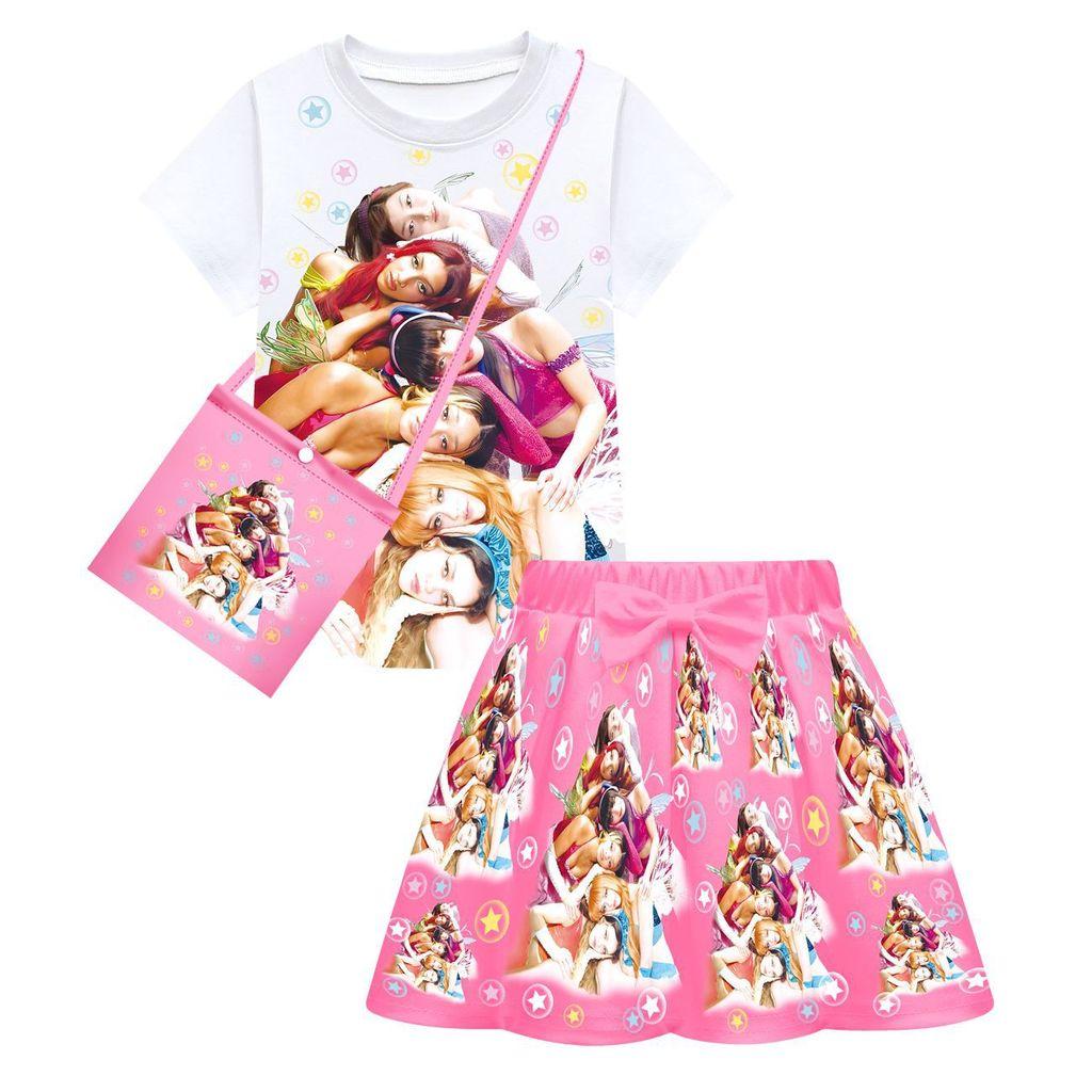 3 Stück/Sets Kinder Mädchen KATSEYE Pop-Sänger Druck Kurzarm T-Shirt Rock Tasche Set