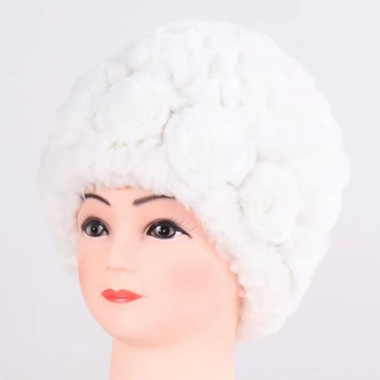 Hot Sale Winter Women Flower Striped Natural Real Fur Hats Lady Warm Knit Genuine Rex Rabbit Fur Caps Outdoor Fur Beanies Hats