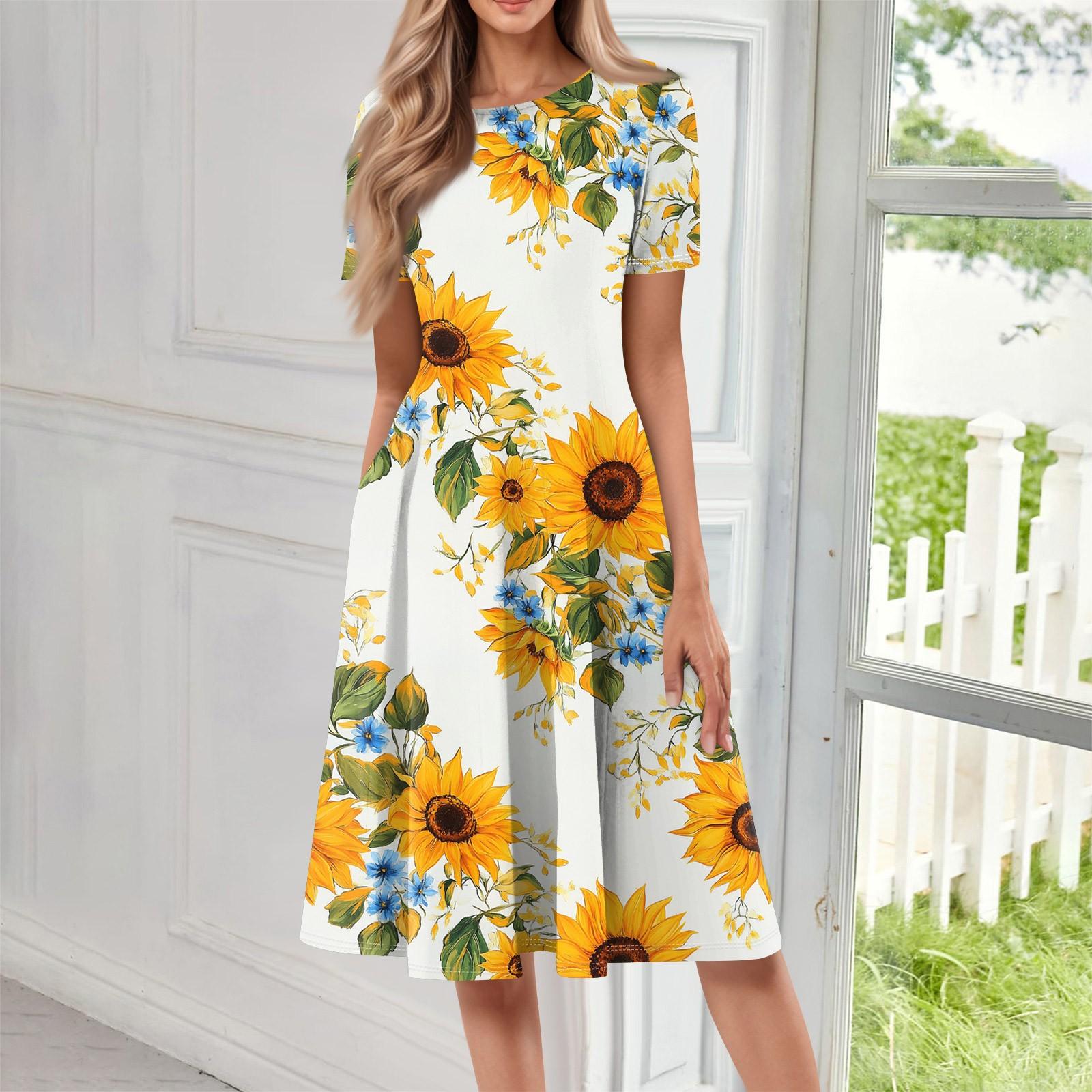 

Женское свободное повседневное и модное платье с круглым вырезом и короткими рукавами, средней длины с принтом XL жёлтый