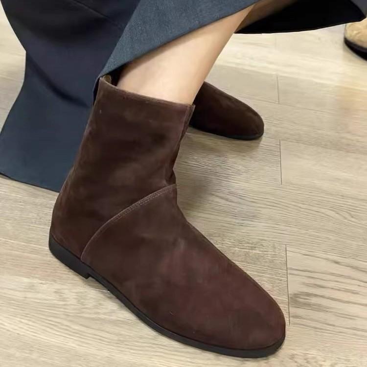 Korean Version of Maillard Suede Suede Flat-bottomed Western Cowboy Boots Short Boots Women's Autumn and Winter Versatile Rear Zipper Thin Boots
