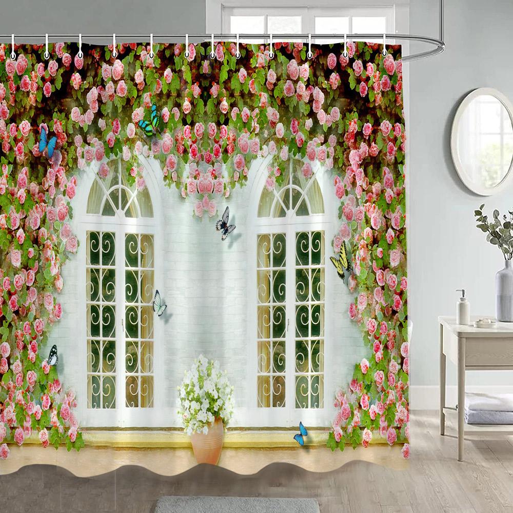 Garden Flowers Scenery Shower Curtains Natural Rustic Pink Floral Plant Modern Wall Hanging Polyester Bathroom Curtain Decor Set