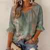 Women's Casual Floral Print Ruffled Blouse with Tie Neck and 3/4 Sleeves