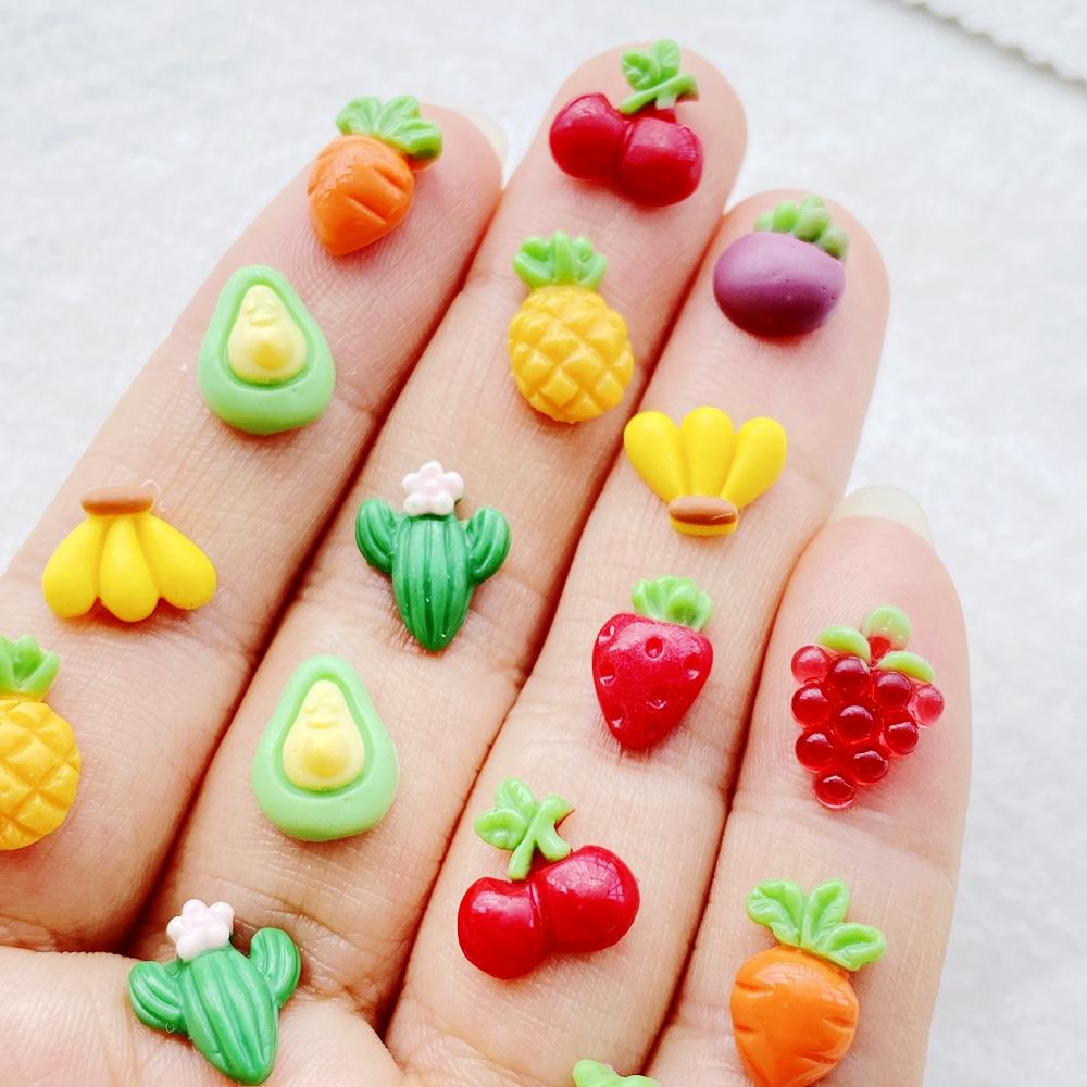 50Pcs Cute Mini Cartoon Cherry, Pineapple, Strawberry Fruits Nail Art Resin Designer Charms DIY Craft For Nail 3D Decorations E