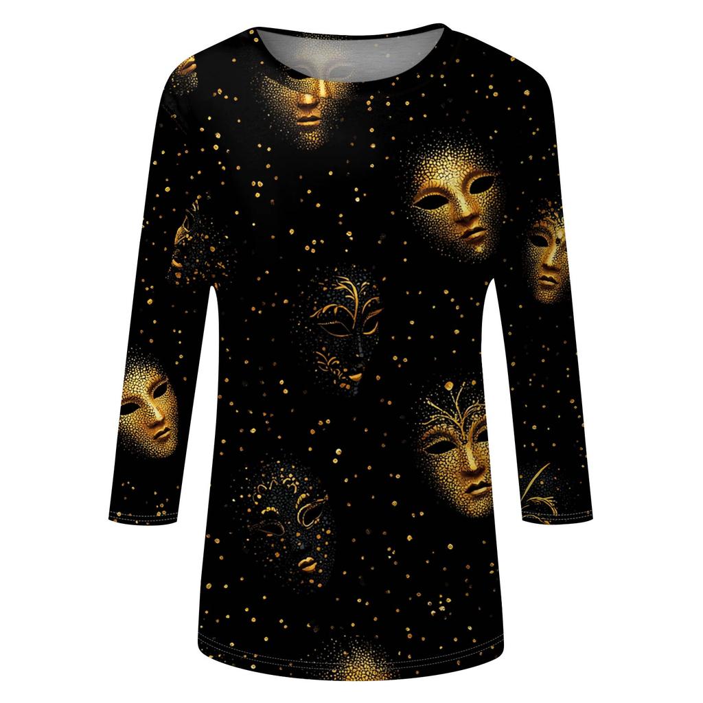 Dámský módní ležérní top s tříčtvrtečním rukávem a karnevalovým potiskem u krku