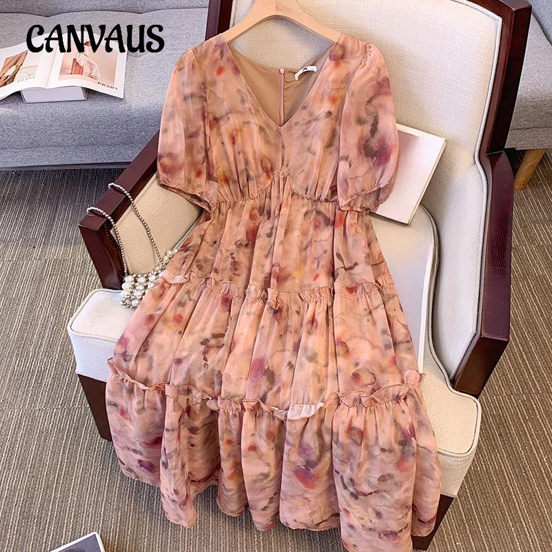 Plus Size Women's Summer New Vintage Style Floral Short Sleeved High Waisted Slimming Dress