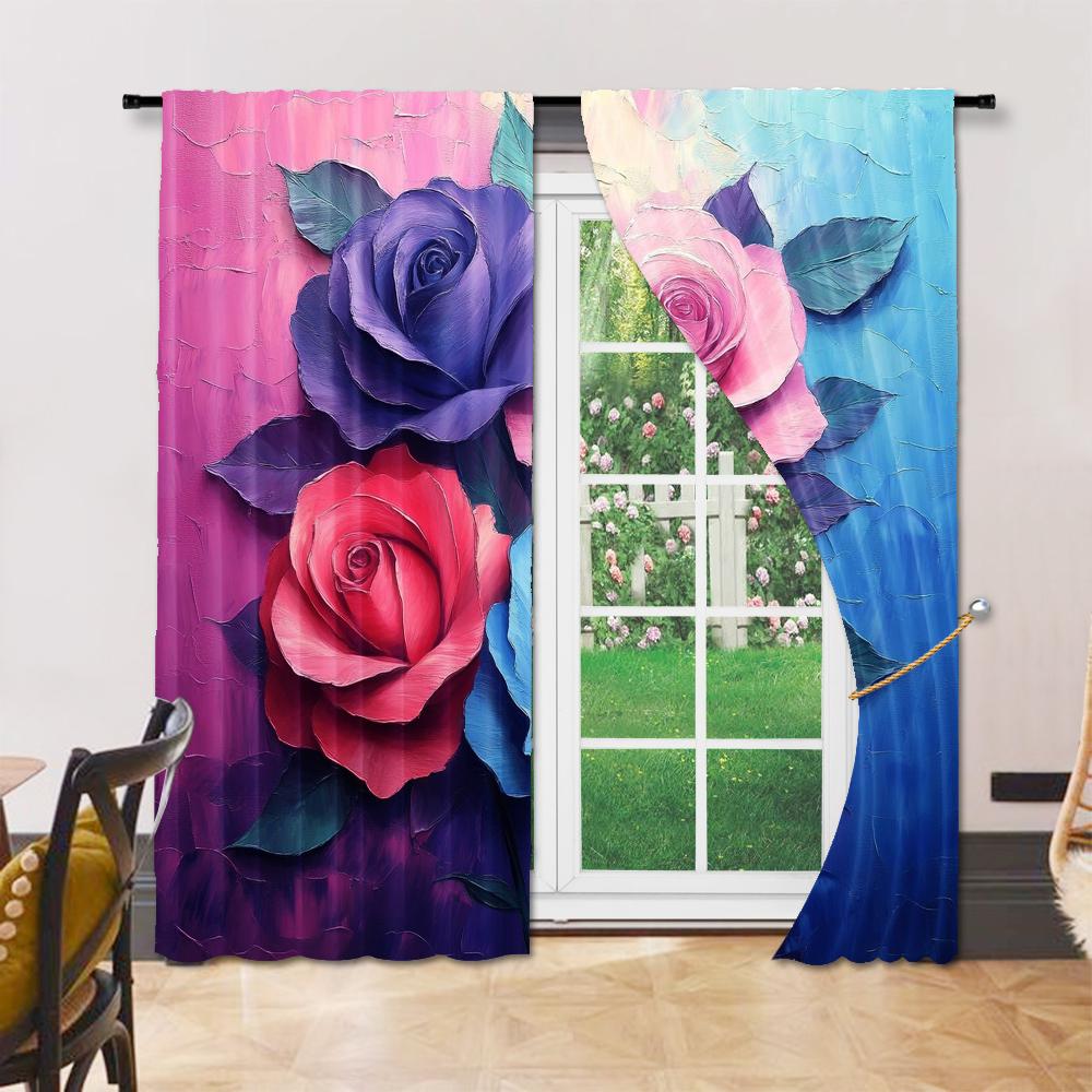 Set Of 2 Versatile Polyester Transparent Curtains Home Decoration Colorful Roses Use Bedrooms Living Rooms Made Area Window Treatment