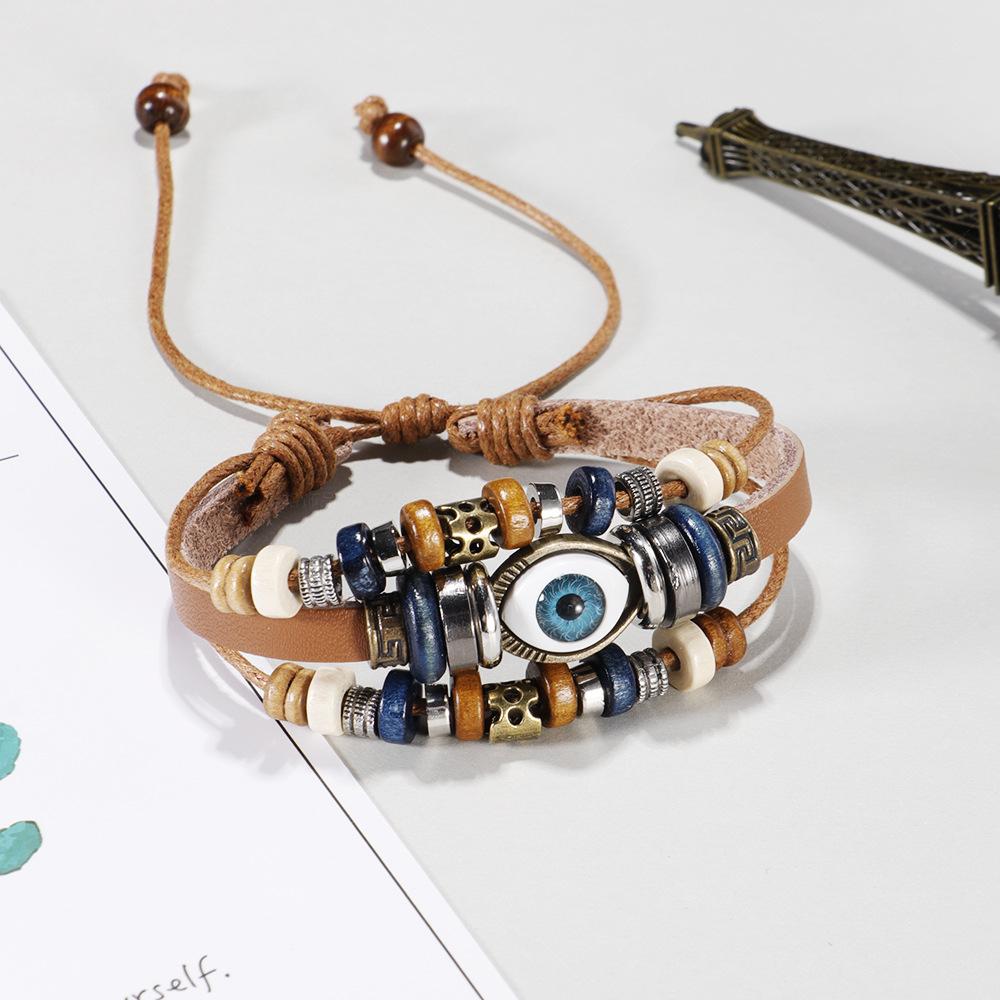 Bohemian Multilayer Braided Leather Bracelet with Eye Beads, Adjustable Couple Wristband