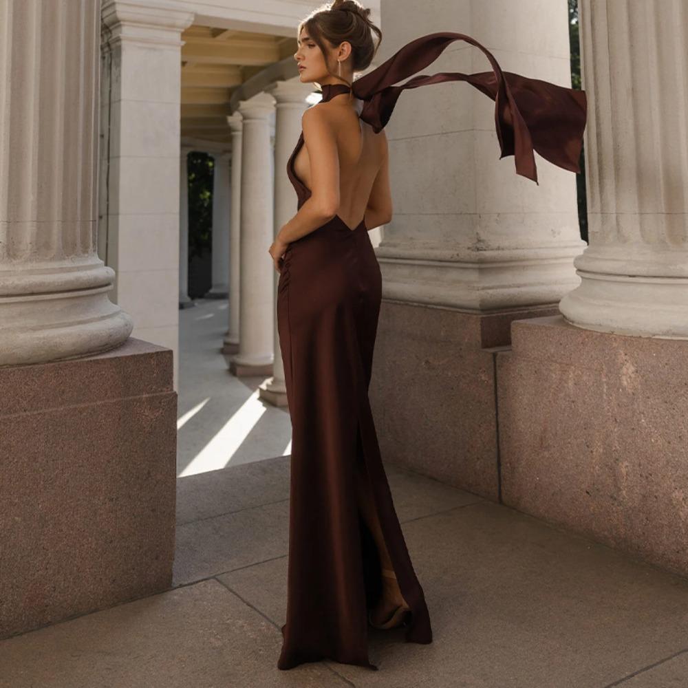 Women's Halter Sleeveless Maxi Dress Slim Fit High Waist Backless Solid Satin Elegant Bodycon Evening Gown