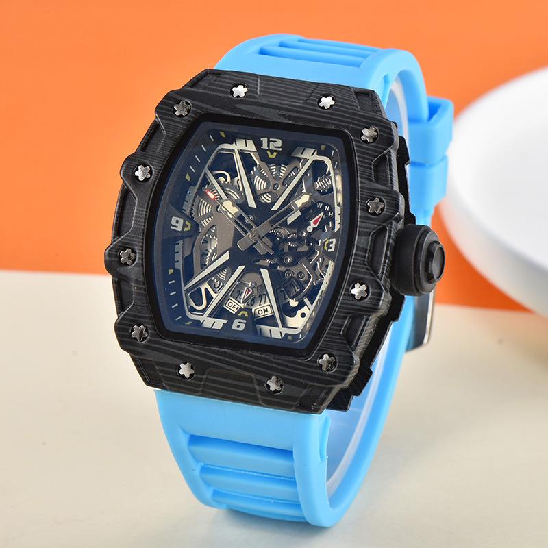 Vibrant Wine Barrel Shape Quartz Watch with Carbon Fiber Hollow Design for Men