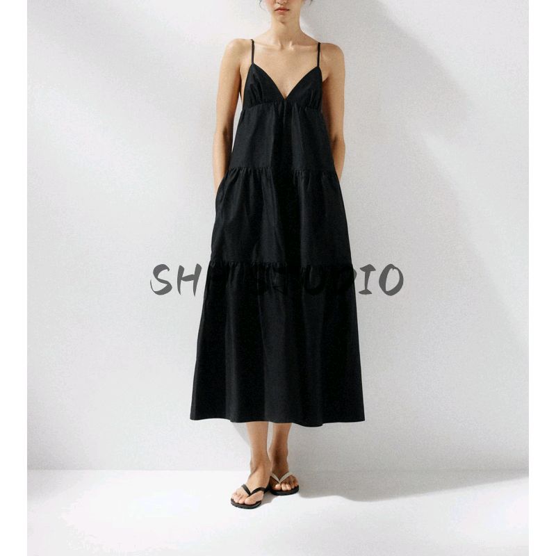 Summer New Product Women's Clothes Seaside Vacation Style Patchwork Hem V-neck Strap Midi Skirt Length Dress 4772215