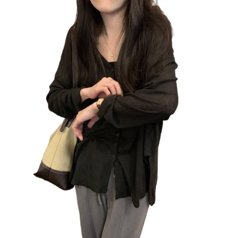 Spring Korean-Style Women's V-Neck Loose Cardigan - Lightweight, Long Sleeve, Sun Protection, Versatile, Casual Top