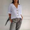 Summer Loose Fitting Women's V-neck Cotton Linen Button T-shirt Top for Women Shirt