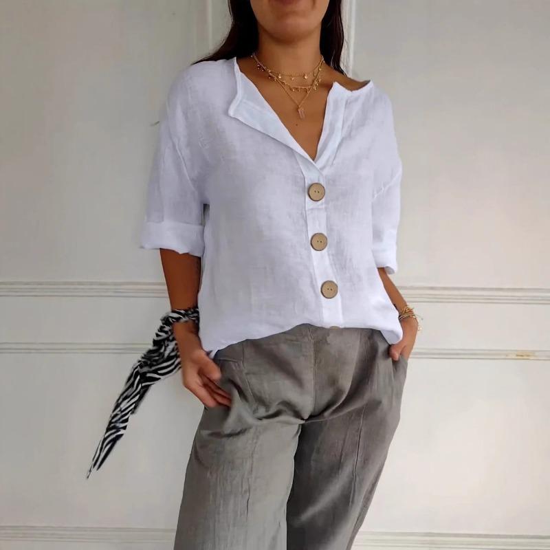 Summer Loose Fitting Women's V-neck Cotton Linen Button T-shirt Top for Women Shirt