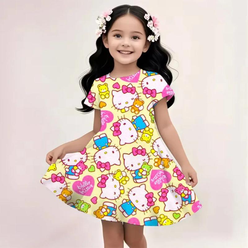 Sanrio New Summer Girls Dress Hello Kitty 3D Printed Fashionable Cartoon Cute Princess Girls Clothes Skirt
