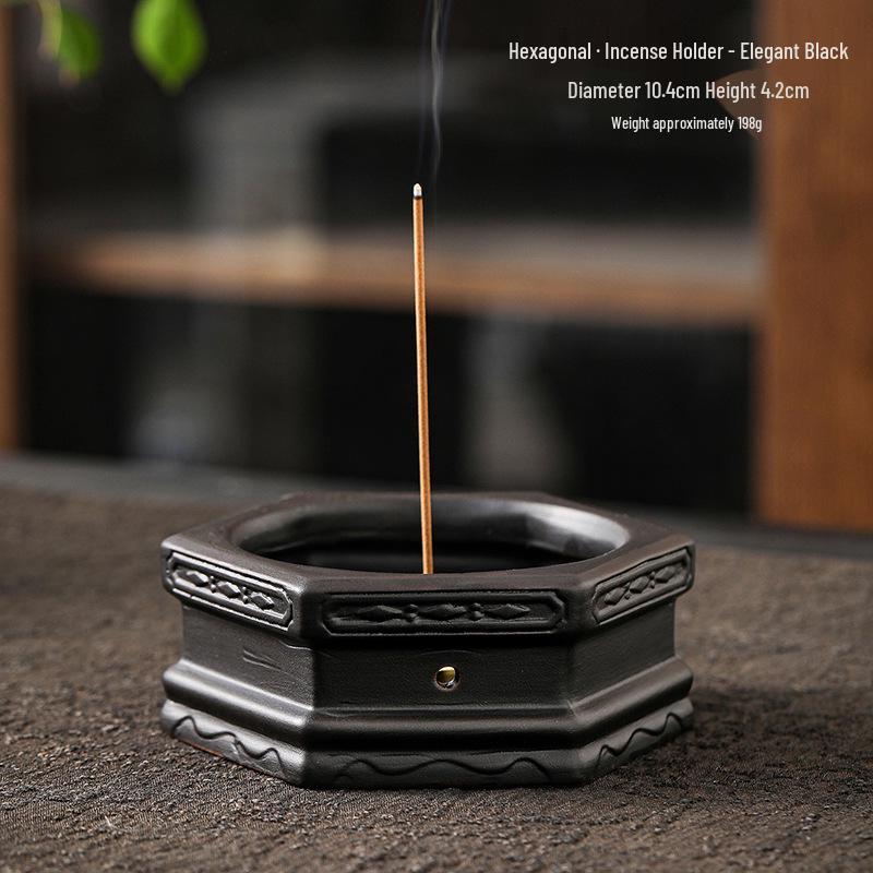 Compact Zen-Inspired Ceramic Incense Burner and Holder in Black Pottery