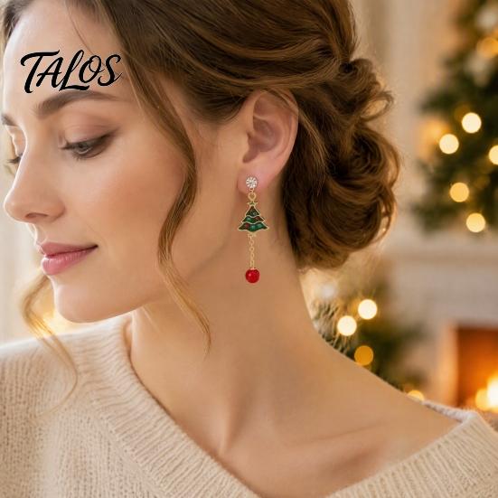 Christmas Tree Earrings for Women 1 Pair Women, Colorful Rhinestone Shaped Decorative Seasonal Jewelry with Red Bead Charm, Winter Holiday Xmas Party