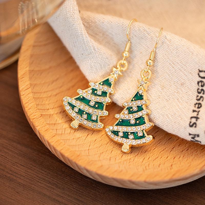Luxurious European-American Christmas Tree Earrings with Inlaid Diamonds - Sweet, Versatile Design