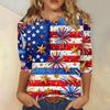Women's Fashionable Casual Independence Day Flag and Stars Print Neck Three-Quarter Sleeve T-Shirt Top