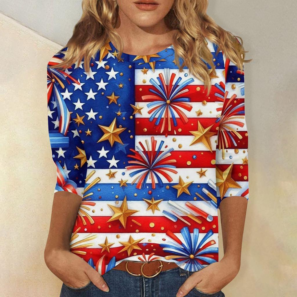 Women's Fashionable Casual Independence Day Flag and Stars Print Neck Three-Quarter Sleeve T-Shirt Top