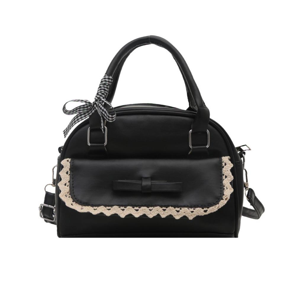 

PU Leather Crossbody Bowling Bag Lace Ribbon Bow Shoulder Bag All-Match Boston Handbag Women чёрный
