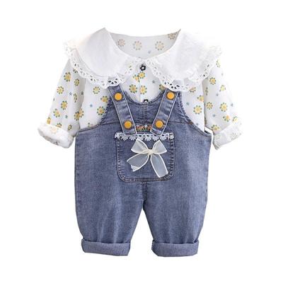 Mädchen Revers Volldruck Hemd Langarm Anzug Baby Denim Overall Zweiteiliger Anzug