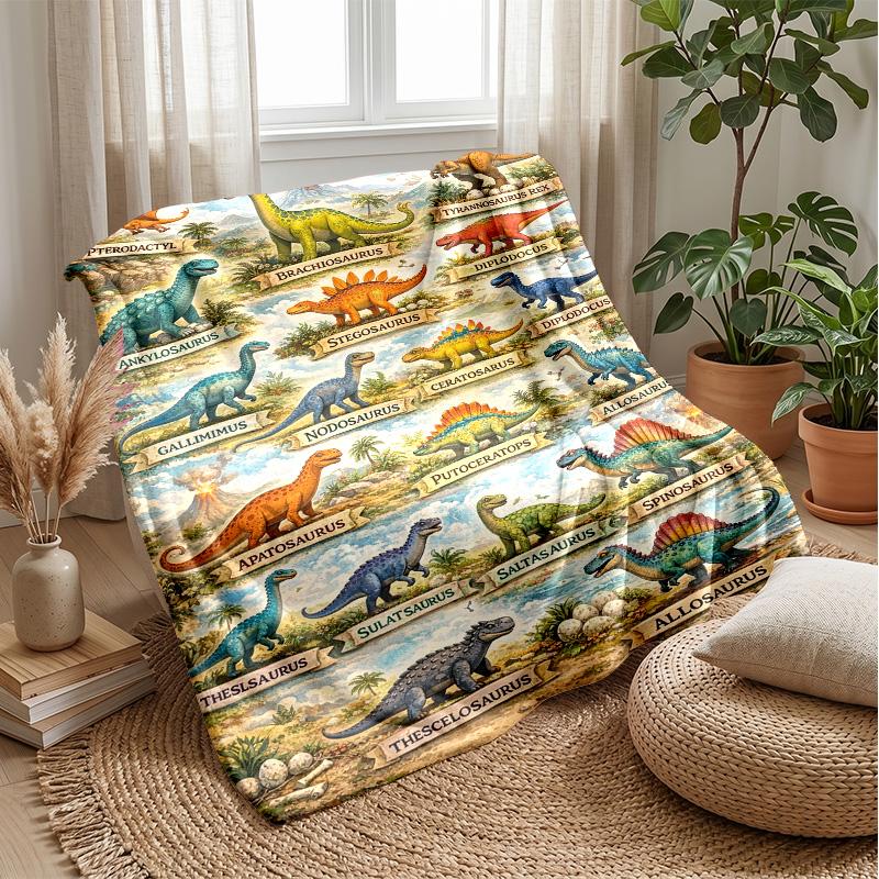 Vibrant Dinosaur Illustration Theme Blanket Lightweight Warm Flannel Blanket Decorative Throw Blanket for Home Decoration