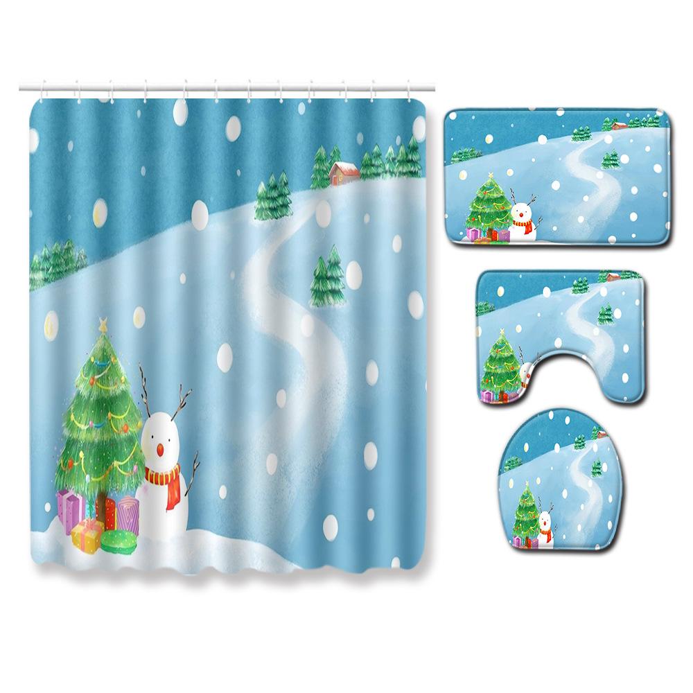 Christmas Toilet Seat Shower Curtain Four-Piece Printed Floor Mat Set Bathroom Floor Mat Bedroom Absorbent Door Mat Carpet