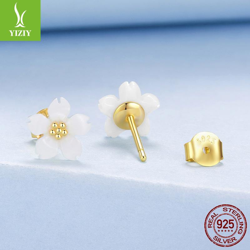 S925 Sterling Silver Cherry Blossom White Fritillary Stud Earrings For Women, Summer Simple Flower Stud Earrings