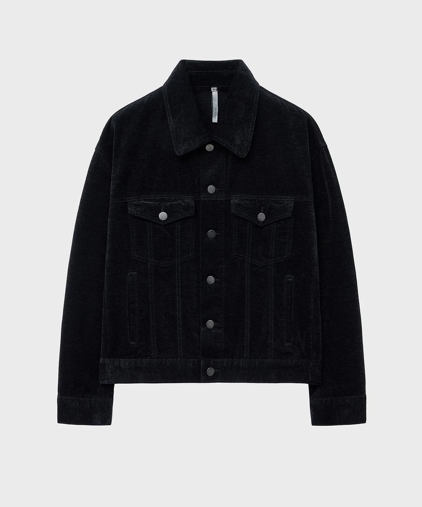 Noirer Velvet Texture Denim Trucker Jacket (Black)
