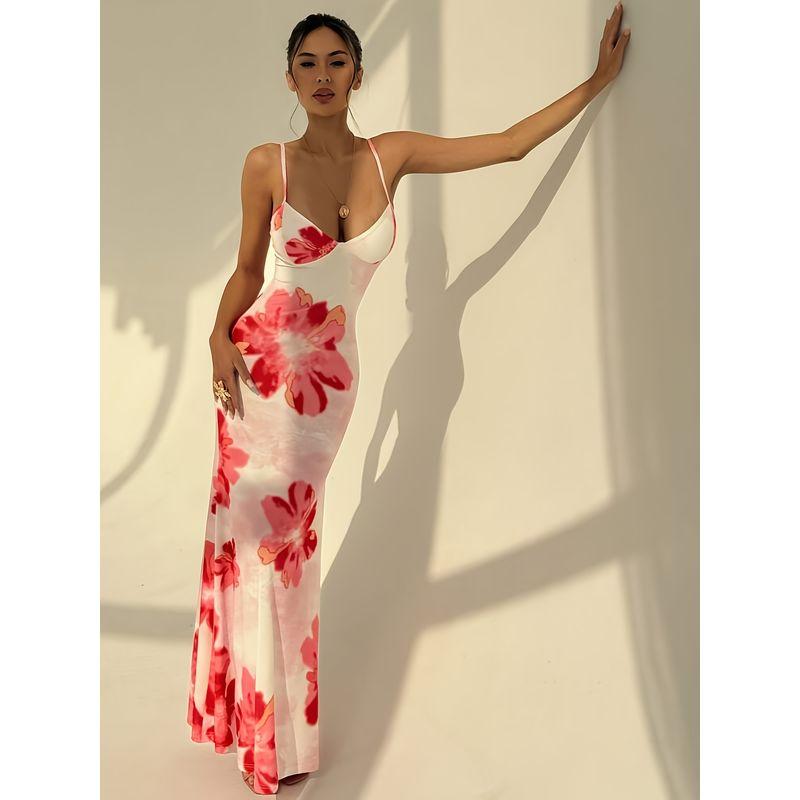 2025 Fashion Style Foreign Trade Women's Clothing Amazon Wish Sexy Printing Slip Dress Silm Long Skirt Fashion