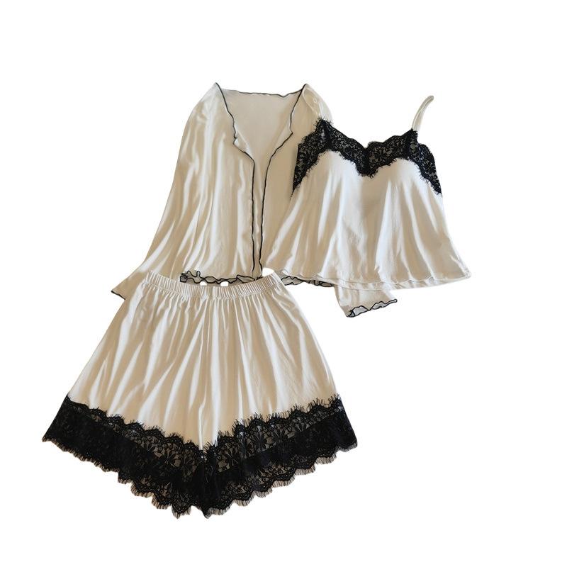 Modal Cotton Long-sleeved Shorts Pajamas Women with Chest Pads Summer Sexy Three-piece Suspender Vest Homewear Girls