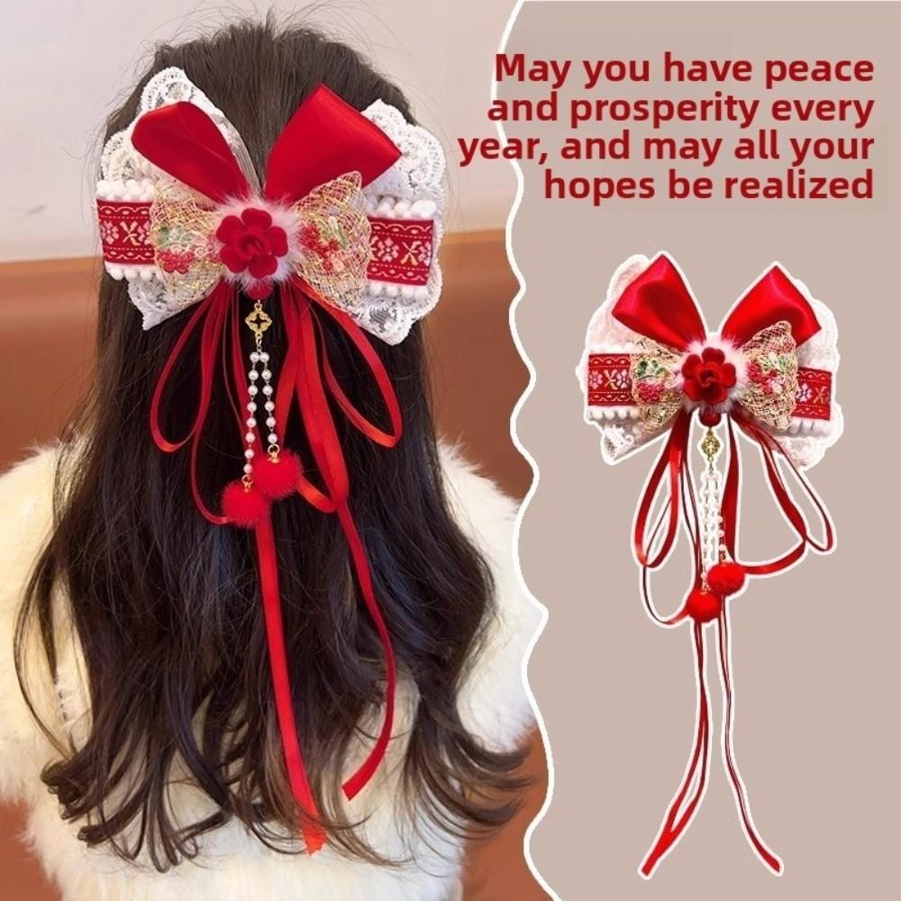 Red Bow Ribbon Hair Clip Tassel Hanfu Hair Ornamen Cute New Year Hairpin  Festival