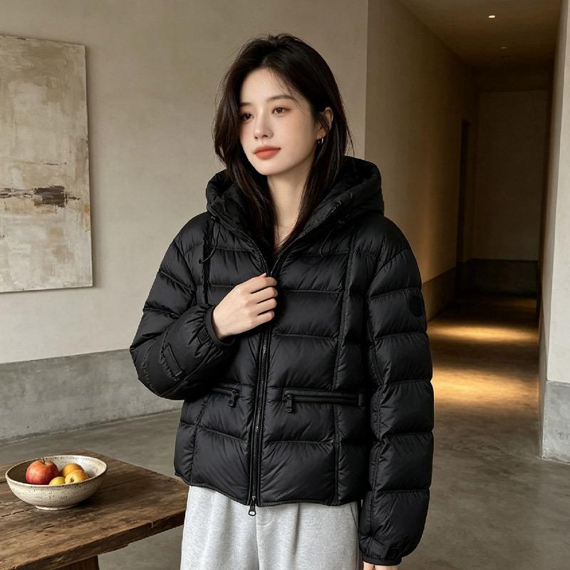 Autumn and winter new down jacket women's short hooded ribs white duck down large size versatile jacket tide