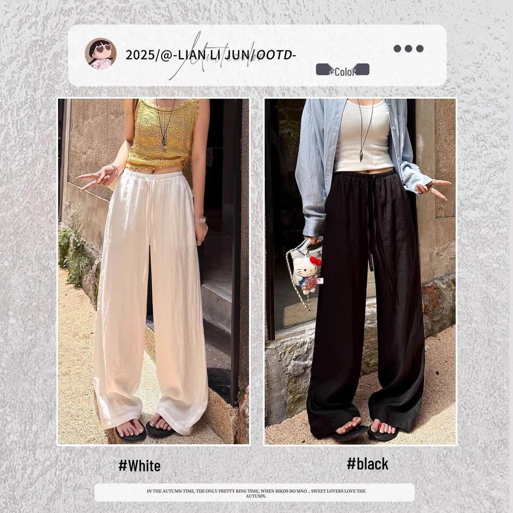 Women's Summer White Wide-Leg High-Waisted Linen-Style Loose Pants