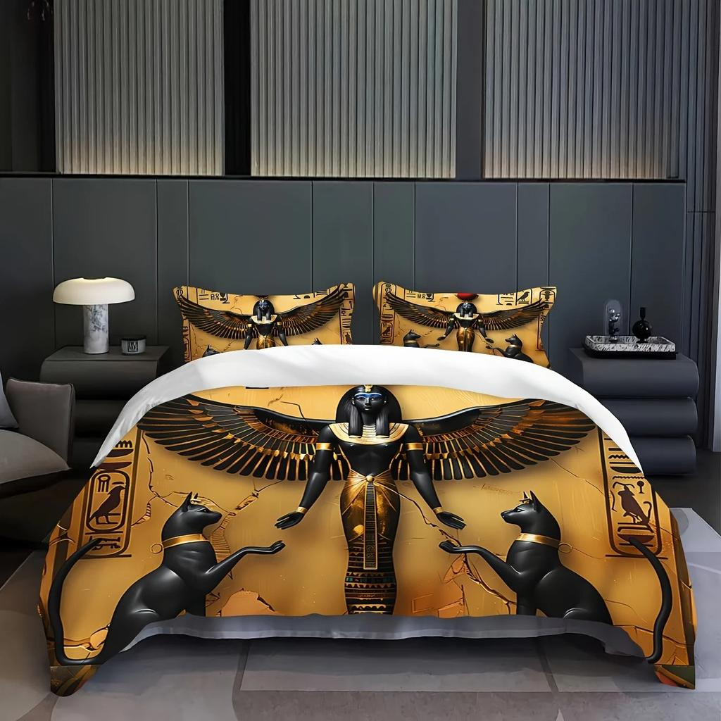3Pcs Bedding Set Egyptian Style God Black Cat Print Cozy Duvet Cover King Queen Twin Size Birthday Gift For Adult Bedroom Decor