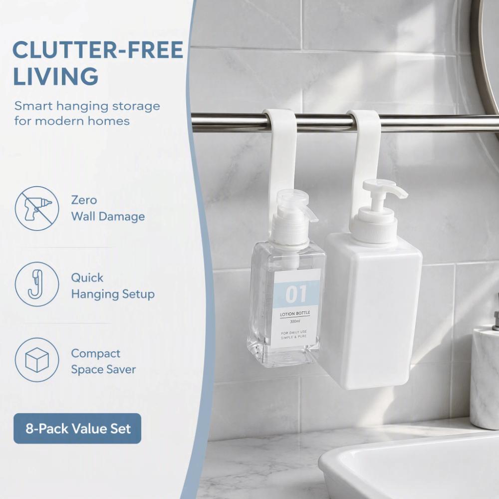 8 PCS No Drilling Required Bathroom Storage Hanger Multipurpose Organizer Hook Bathroom Kitchen