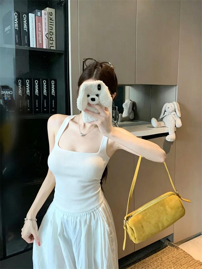 Yellow Square Neck Knitted I-shaped Sling Vest Women's Summer Inner Slim-fit Bottoming Shirt Spice Girl Short Outerwear Top