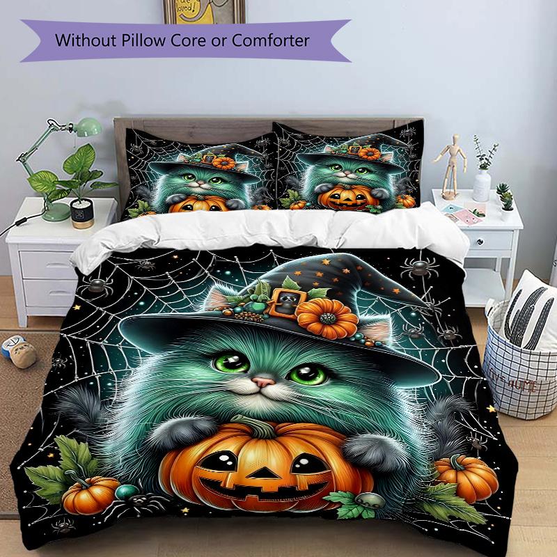 

3pcs Spider Wizard Cat Pumpkin Design Pattern Bedding Three-Piece Set (1 Cover + 2 Pillowcases, No Fillings),Soft and Comfortable N089 135x200cm