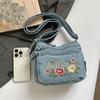 Borsa a Tracolla in Denim da Donna con Ricamo di Gattino Cartone Animato e Multi-scomparti