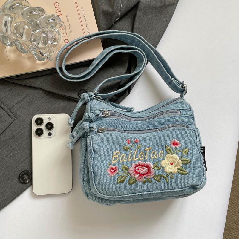 Borsa a Tracolla in Denim da Donna con Ricamo di Gattino Cartone Animato e Multi-scomparti