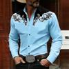 Camisa de Manga Larga para Hombre Estilo Vaquero Occidental Estampado de Bloques de Color Blanco y Negro, Top Casual de Moda Retro, Tejido de Alta Calidad