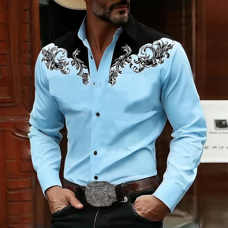 Camisa de Manga Larga para Hombre Estilo Vaquero Occidental Estampado de Bloques de Color Blanco y Negro, Top Casual de Moda Retro, Tejido de Alta Calidad