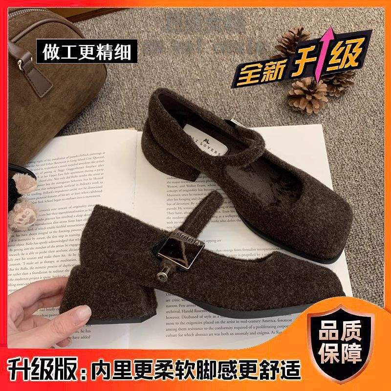 Gray Mary Jane Fluffy Shoes Women's Winter Wear New French Retro Woolen Thick Heel Single Shoes Women's Velvet High Heels