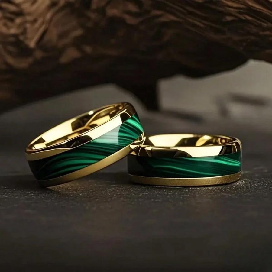 Fashion 8MM Gold Color Stainless Steel Rings For Men Domed Green Abalone Shell Inlay Rings Wedding Engagement Jewelry Gift