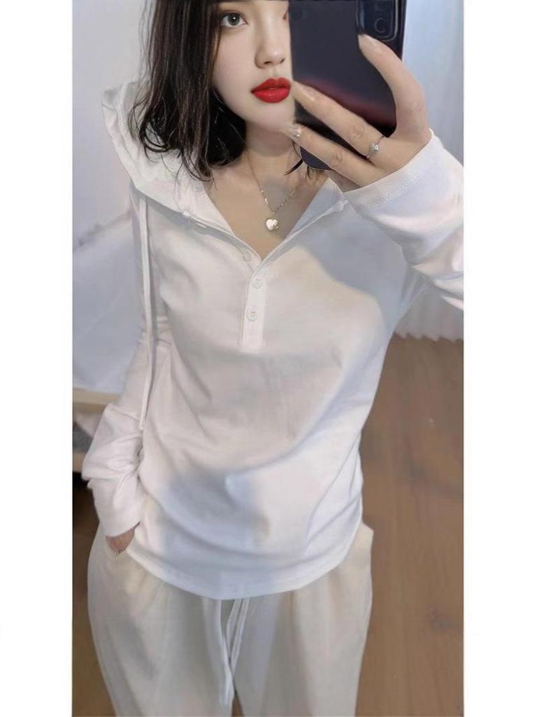 40s Pure Cotton Hooded Long Sleeve T-Shirt: 92% Cotton, 8% Spandex, Half-Open Collar, Casual Loose Slimming Design.