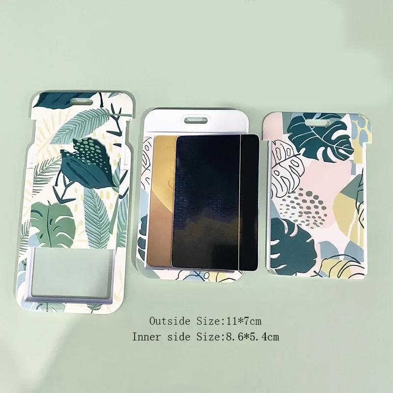 Women Green Cards Protecting Credit Card Holder with Lanyard String Student Plant Print Bus ID Name Badge Plastic Card Cover