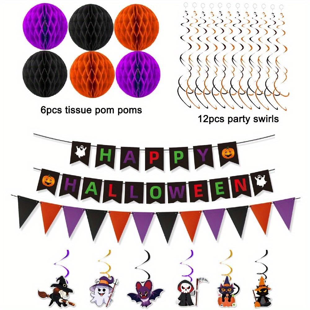 2sets Happy Halloween Banner Tissue Pom Poms Decorations Kit Hanging Garland Honeycomb Ball Swirl Streamers for Halloween Party Decorations